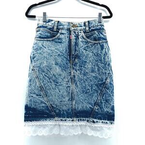 Palmetto's Vintage Y2K Revival 90s Sz7 Acid Wash Denim Pencil Skirt Lace Upcycle